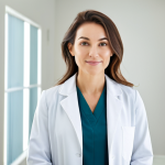 A professional woman with a calm expression and exceptionally clear, radiant skin, dressed in a modest, elegant white lab coat. She stands in a brightly lit, minimalist, and modern wellness clinic, with subtle, abstract, ethereal light patterns in the background hinting at internal balance. The atmosphere is serene and professional.
    *   **Mandatory Inclusions:** safe for work, appropriate content, fully clothed, professional.
    *   **Anatomy Rules:** perfect anatomy, correct proportions, natural pose, well-formed hands, proper finger count, natural body proportions.