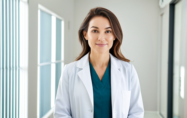 A professional woman with a calm expression and exceptionally clear, radiant skin, dressed in a modest, elegant white lab coat. She stands in a brightly lit, minimalist, and modern wellness clinic, with subtle, abstract, ethereal light patterns in the background hinting at internal balance. The atmosphere is serene and professional.
    *   **Mandatory Inclusions:** safe for work, appropriate content, fully clothed, professional.
    *   **Anatomy Rules:** perfect anatomy, correct proportions, natural pose, well-formed hands, proper finger count, natural body proportions.